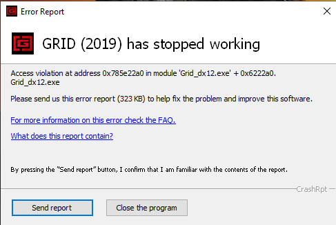 Grid 2019 Has Stopped Working Error